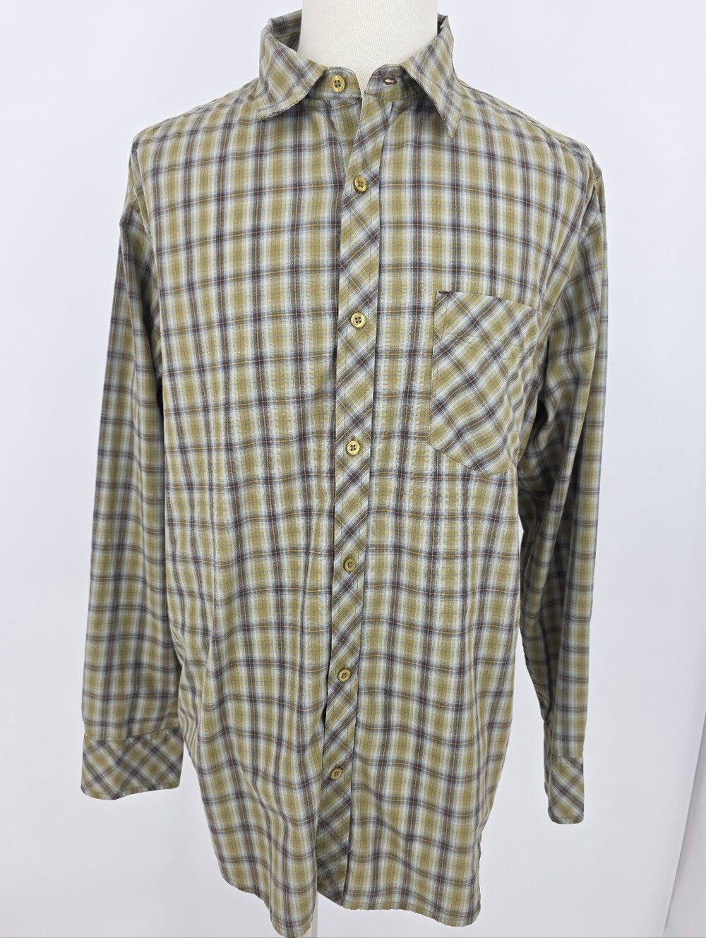 Horny Toad XL Plaid Button Up Shirt Green Brown Organic Cotton Hiking Outdoor